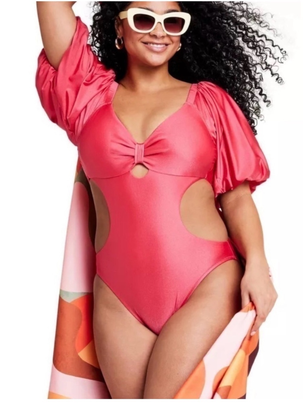 Plus-Size Pink Puff-Sleeve One-Piece Swimsuit